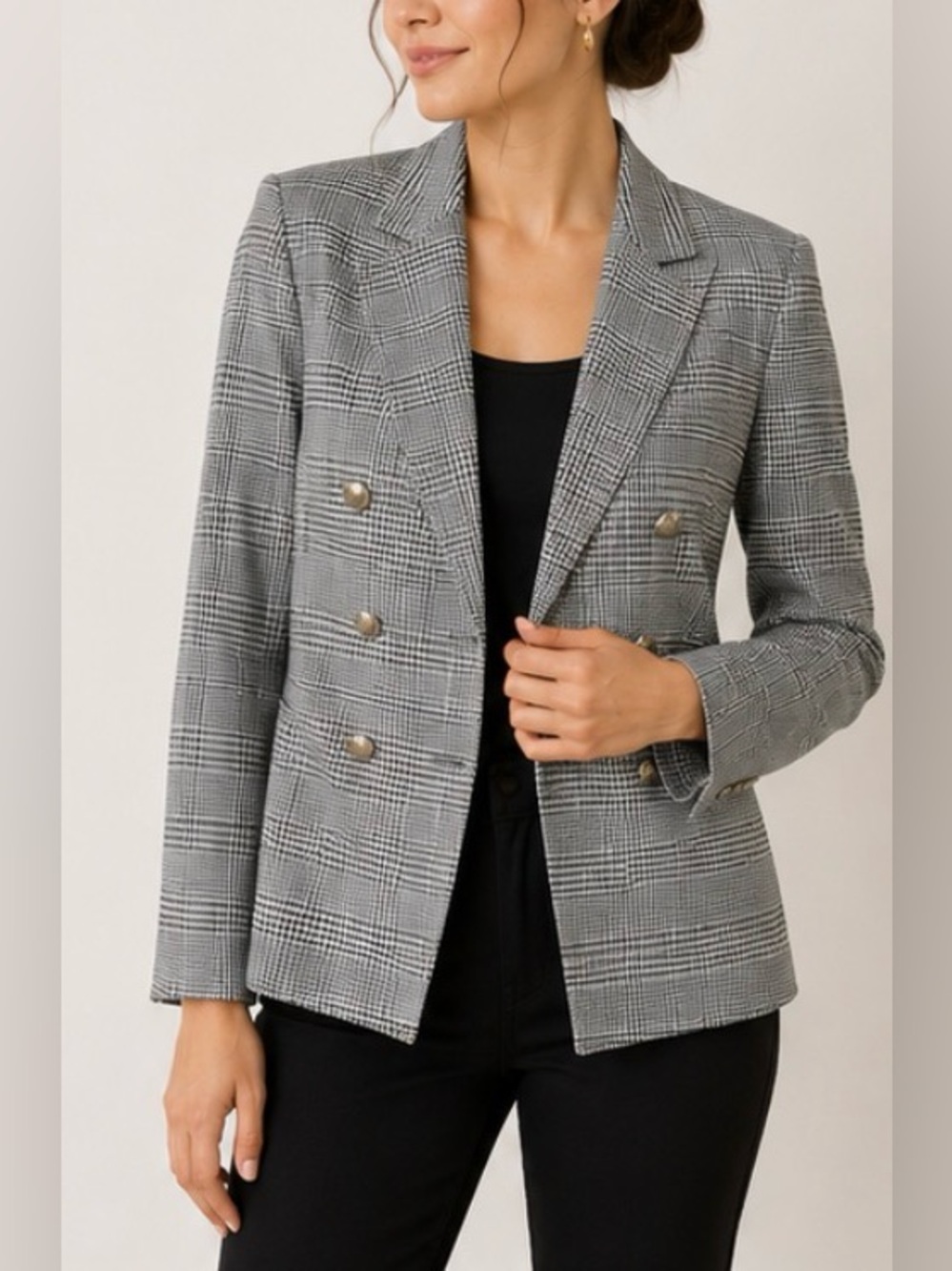 White House Black Market Classic Gray Glen Plaid Double-Breasted Blazer Size 12